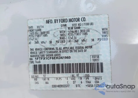 2014 Ford F-150 Xlt from USA, damaged, VIN 1FTFX1CF5EKD61960